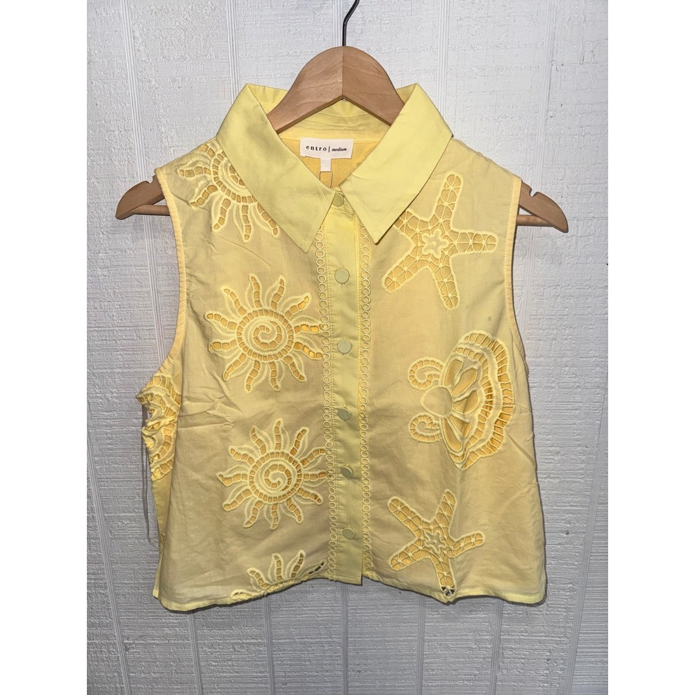 Entro Sleeveless Button Down Top Women Yellow Sun Starfish Eyelet T29935 Medium - Picture 1 of 6
